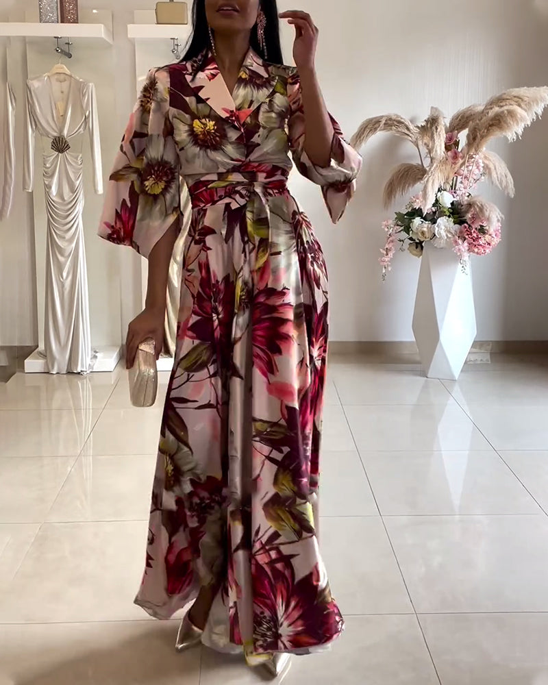 Floral print lapel three-quarter sleeve lace-up dress