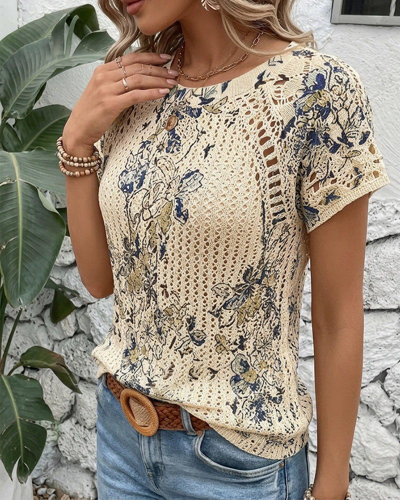 Short-Sleeve Openwork Print Pullover
