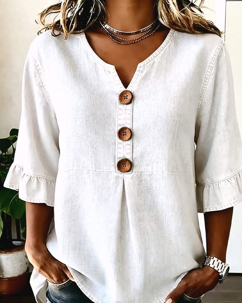 V-Neck Flared Sleeve Denim Blouse