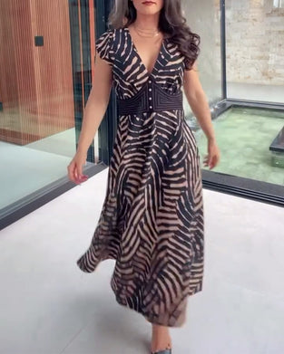 V-Neck Printed Dress With Lotus Leaf Sleeves