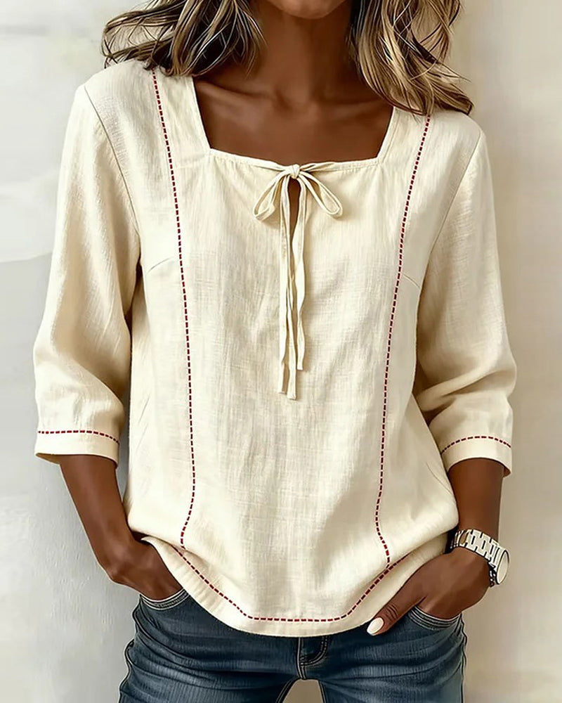 Square Neck Tie Front Loose Fit Blouse