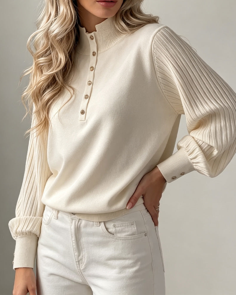 Turtleneck Button Ribbed Puff Sleeve Sweater Pullover