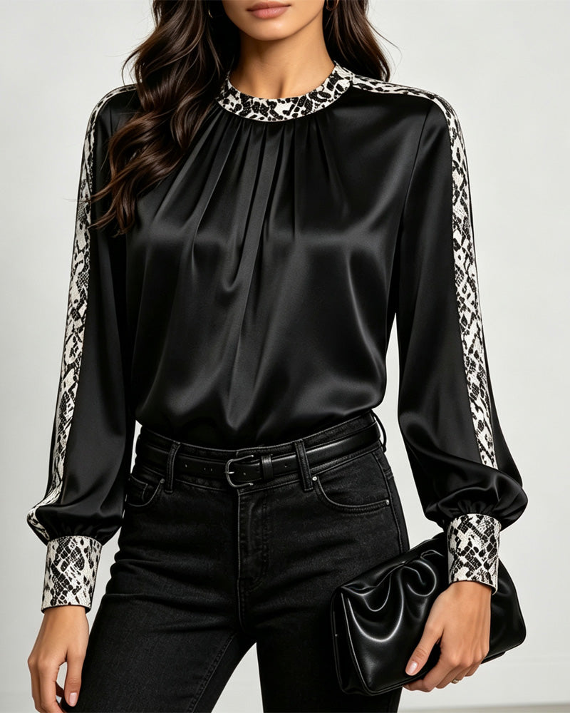 Crew Neck Snake Pattern Smocked Blouse