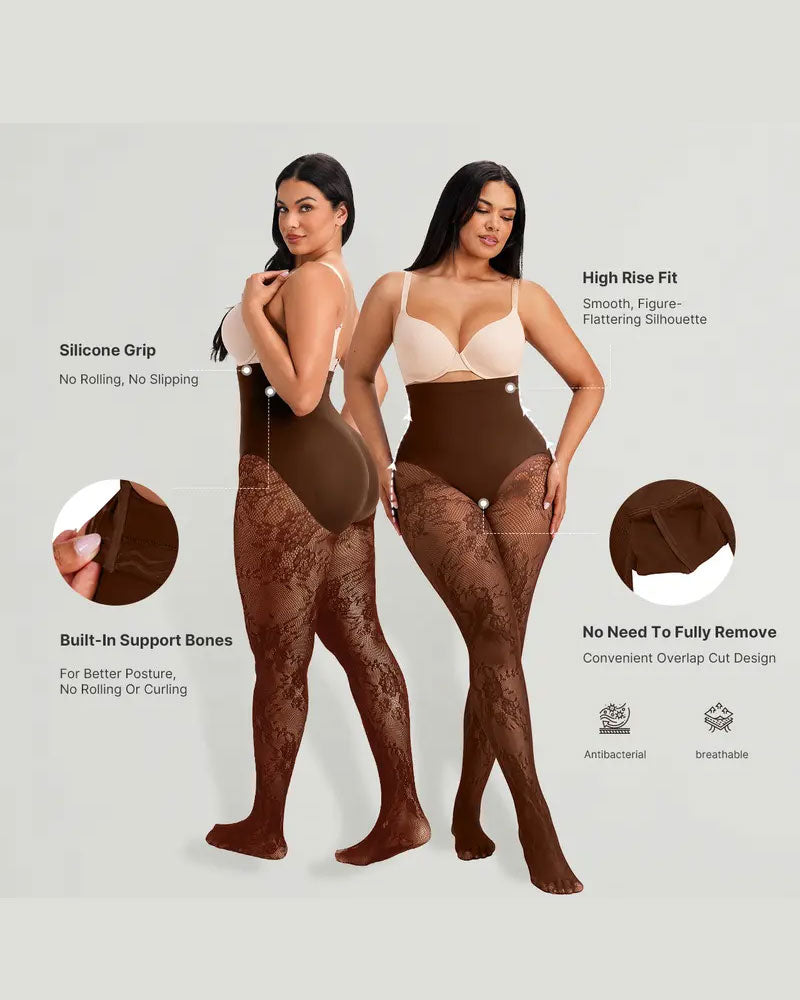 Women‘s High-Waist Shaping Tights with Floral Lace