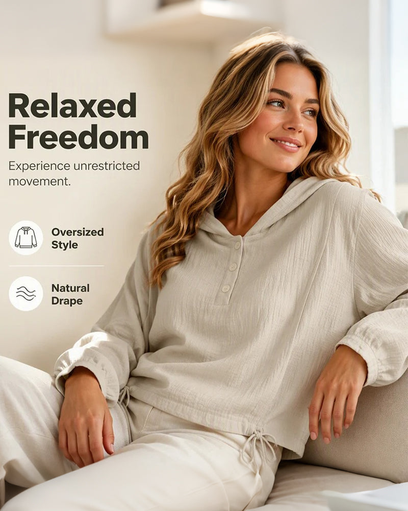 Solid Button Hooded Long Sleeve Top