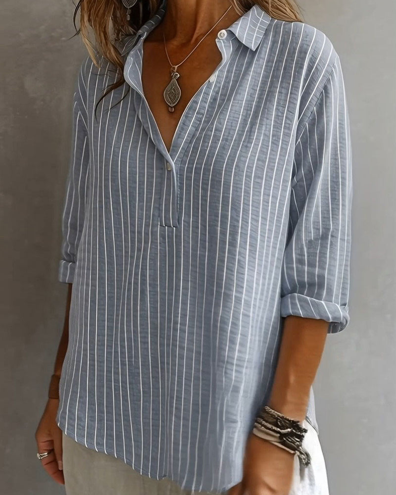 Lapel Vertical Striped Blouse