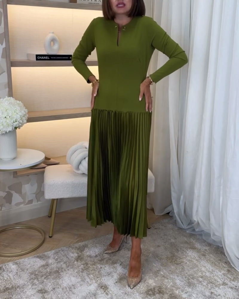 Casual solid color long sleeve pleated dress