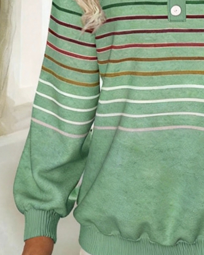 Polo Collar Long-Sleeved Striped Sweatshirt