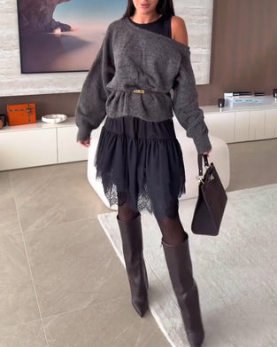 Off-Shoulder Loose Sweater & Lace Hem Dress