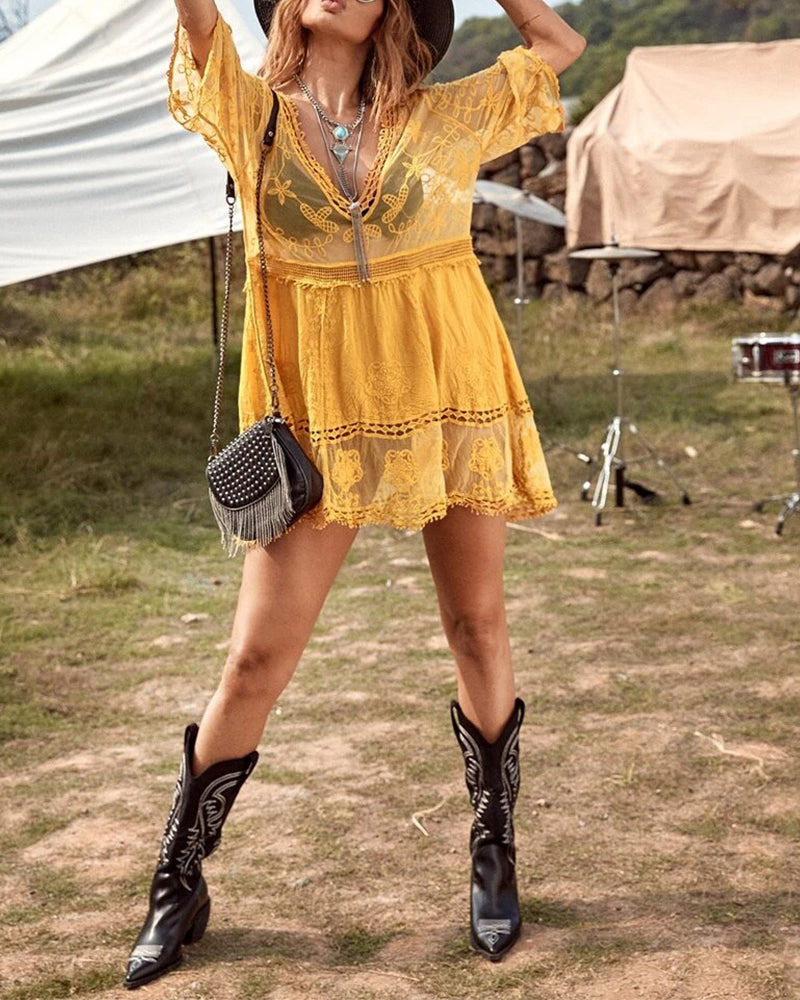 V-Neck Lace Embroidered Smock