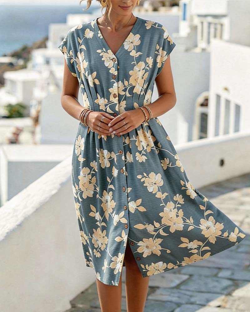 V-Neck Print Cinched Waist Button-Front Dress
