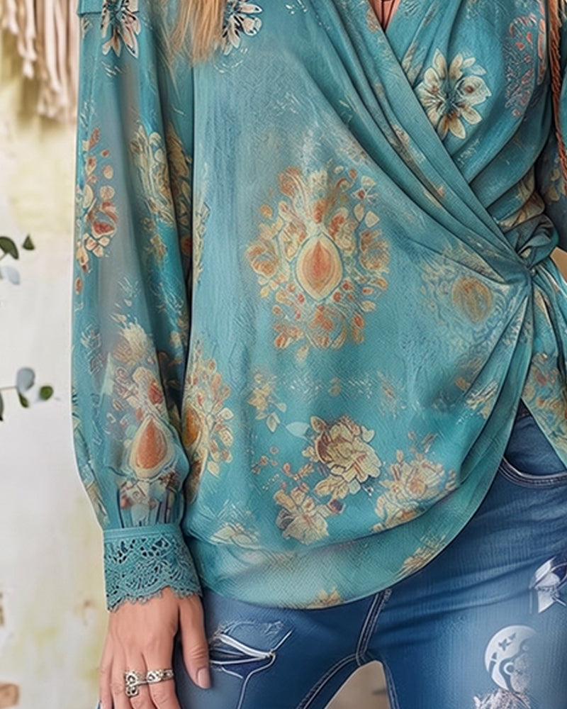 V-Neck Cross Shirred Lace Patchwork Top
