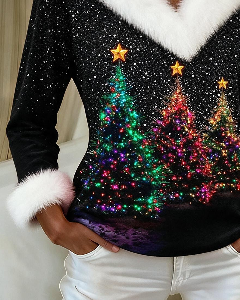Christmas Tree Print Plush V-Neck Top