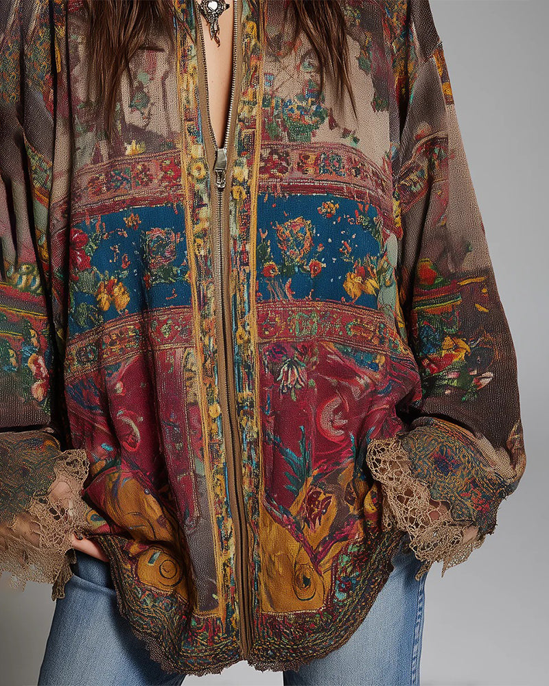 Lace Panels Floral Print Blouse