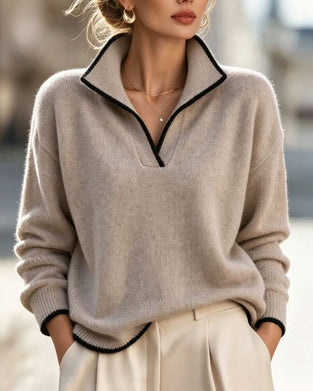 Lapel V-Neck Contrasting Loose Pullover
