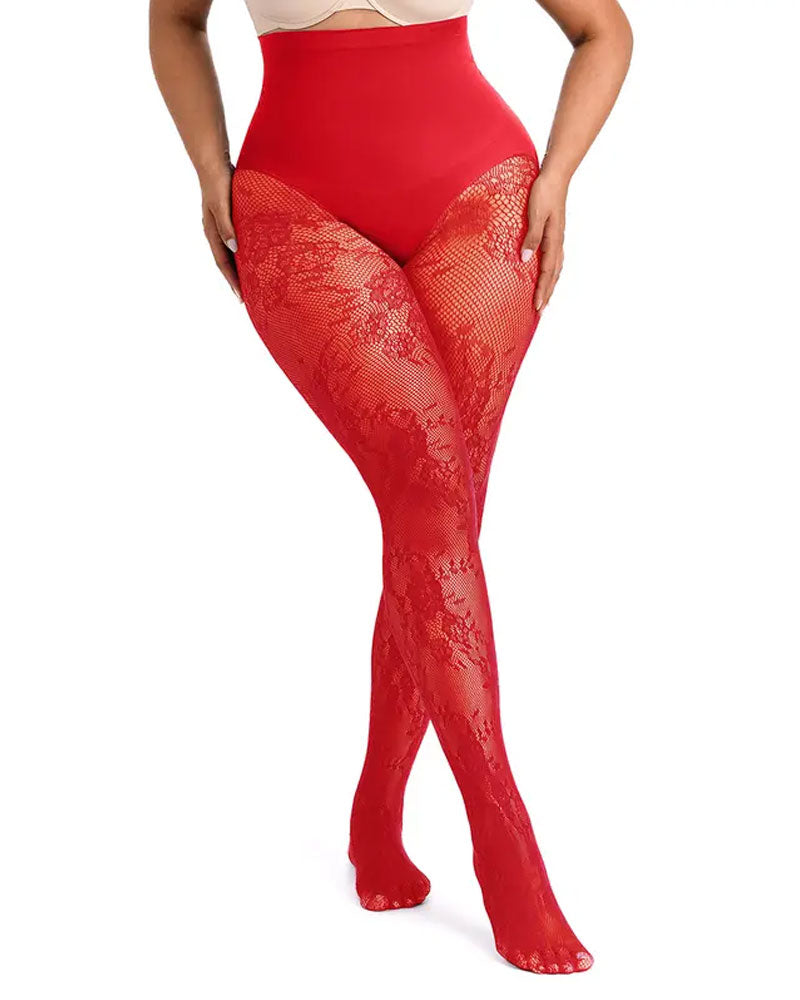 Women‘s High-Waist Shaping Tights with Floral Lace