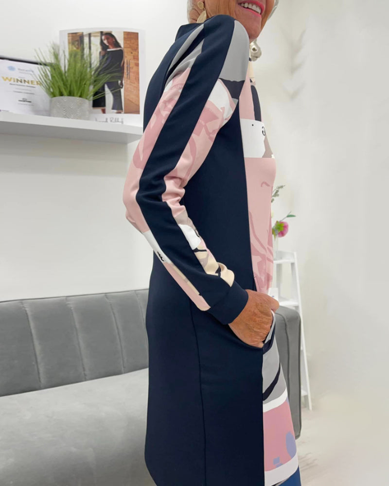 Zippered long sleeve pocket color block dress