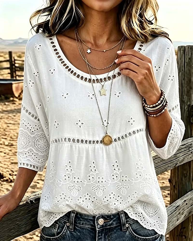 Crew Neck Hollow Out Solid Blouse
