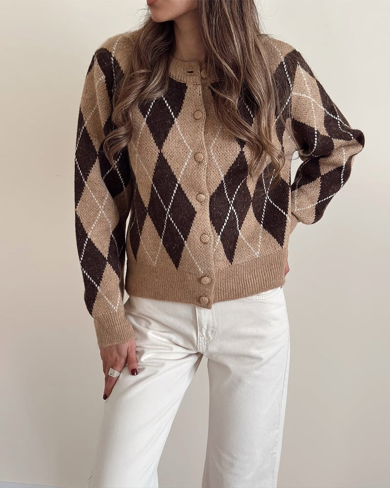 Retro Argyle Pattern Cardigan