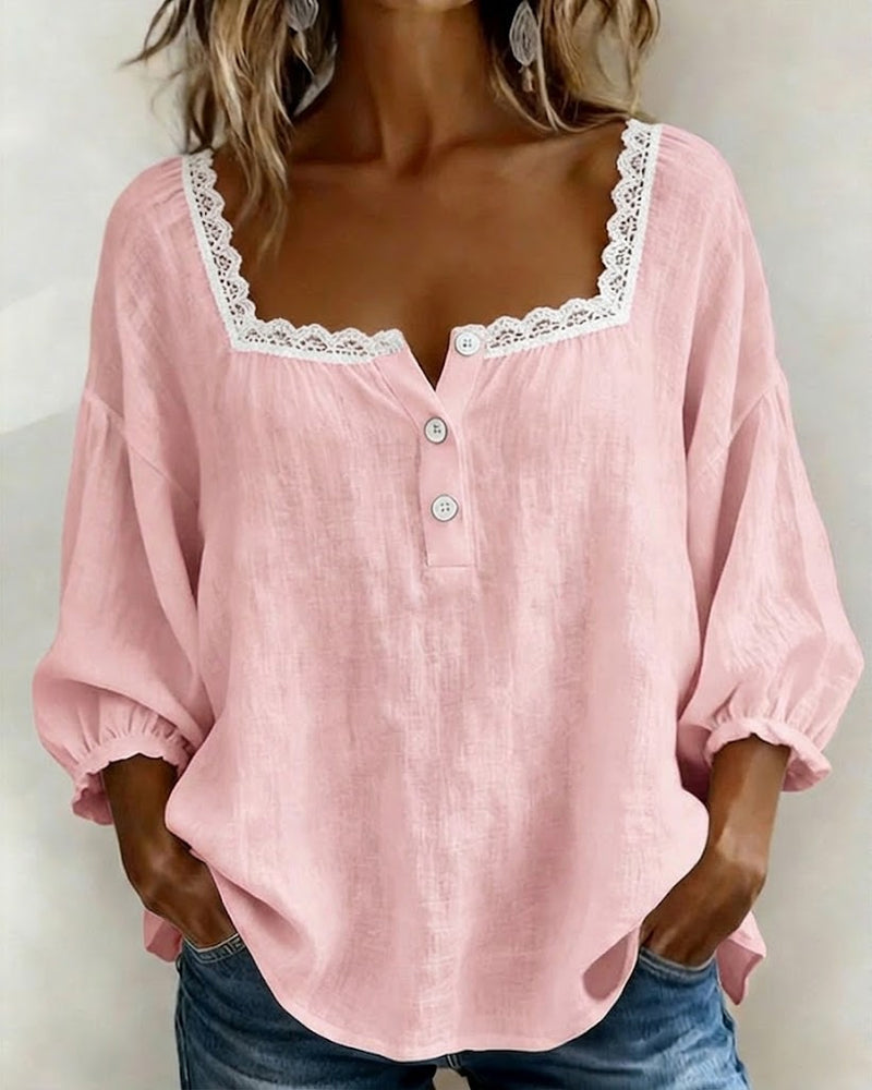 Square Neck Lace Puff Sleeve Blouse
