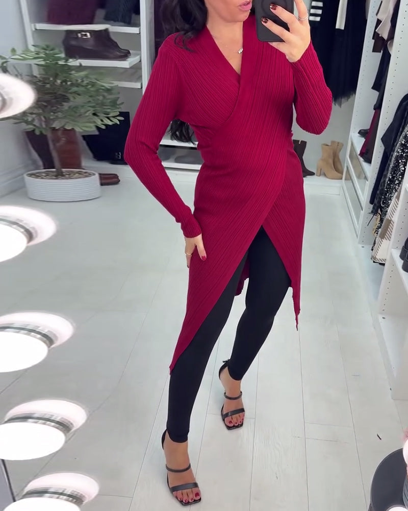 V-Neck Crossover Long-Sleeved Pullover