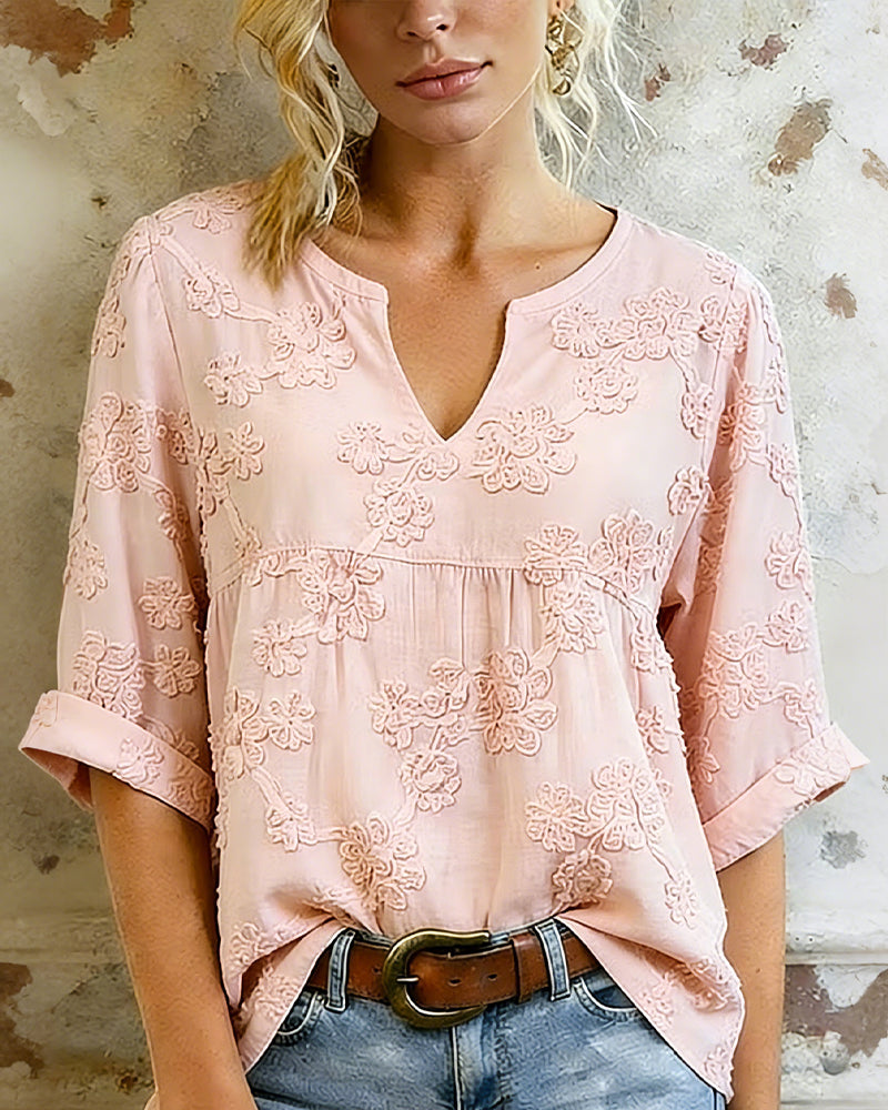 100% Cotton V-Neck Flower Print 3/4 Sleeve Blouse