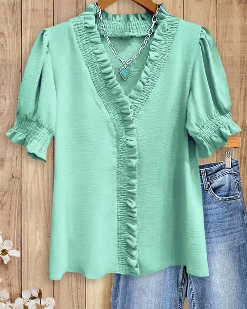 V-Neck Ruffled Short Sleeve Blouse