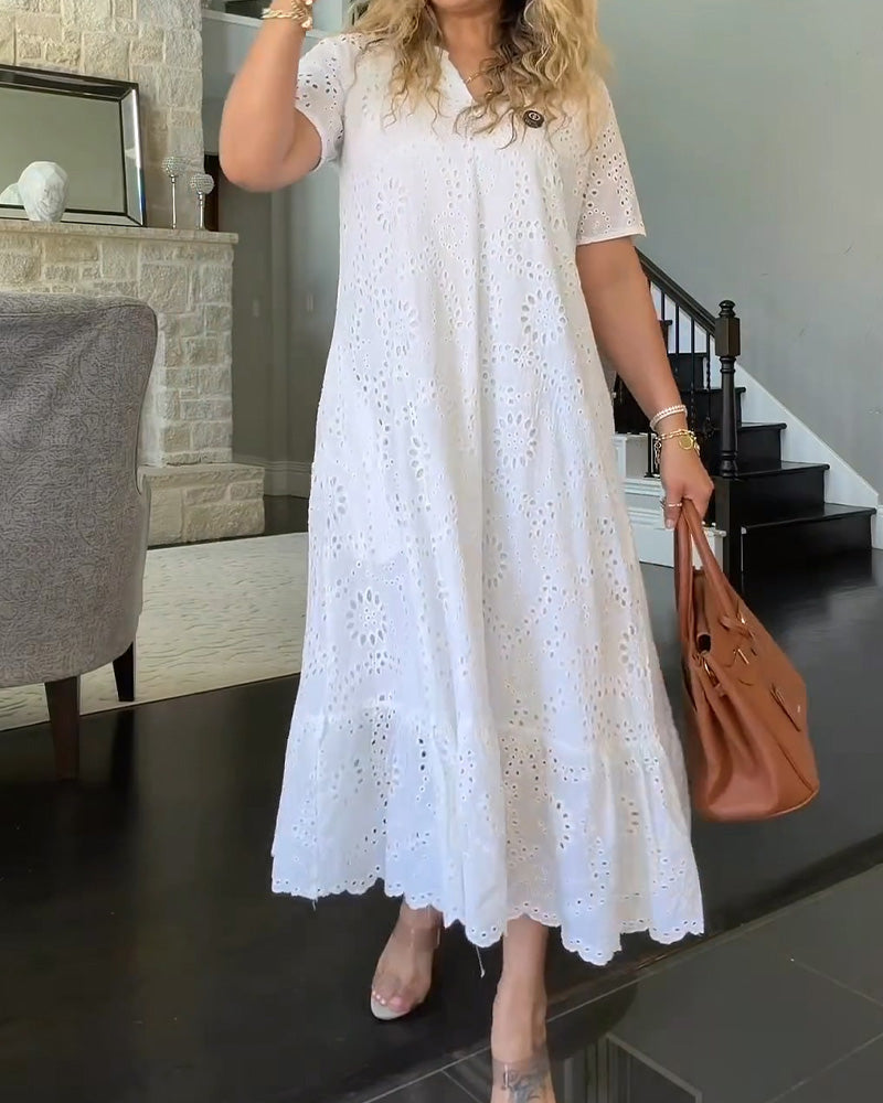 V Neck Hollow Out Ruffle Trim Solid Color Dress