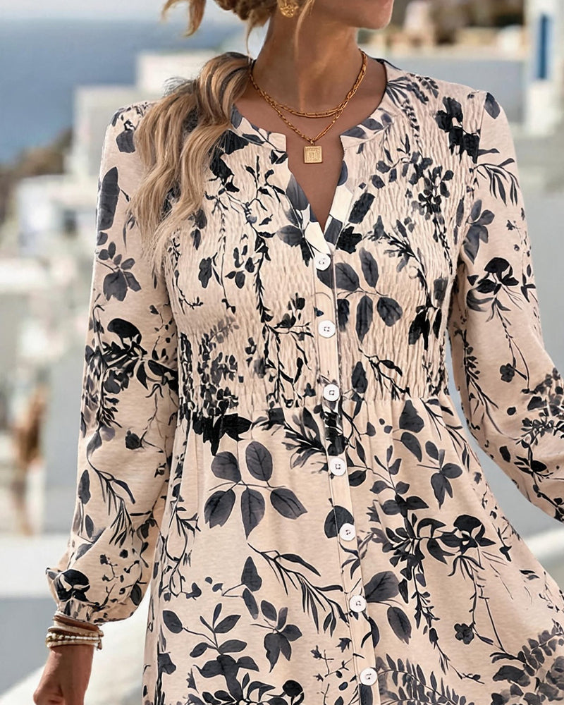 Ink Wash Leaf Waist-Cinching Short Dress