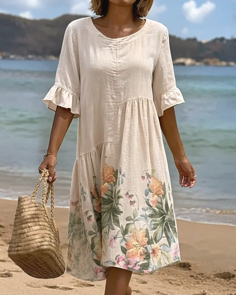 Ruffled Sleeve Printed Dress