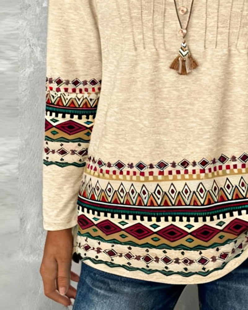 V-Neck Printed Long-Sleeved Top