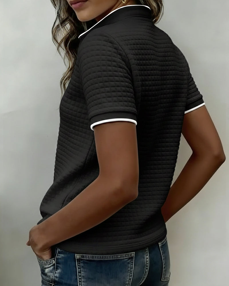 Waffle-Knit Button-Down Short-Sleeved Top