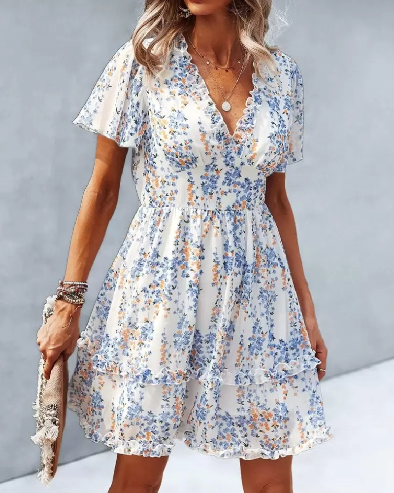 Tiny Floral V-Neck Ruffled Dress