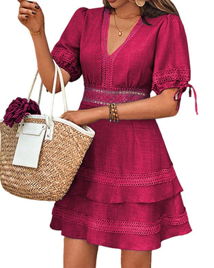 V-Neck Tiered Solid Lace Patchwork Dress