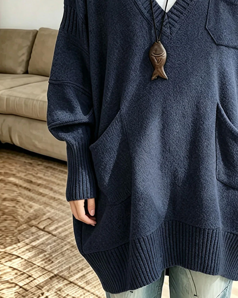 V-Neck Pocket Long Pullover