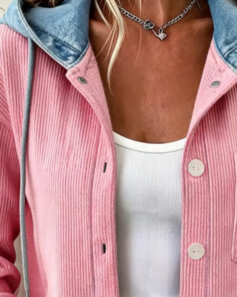 Hooded Ribbed Denim Patchwork Buttoned Coat