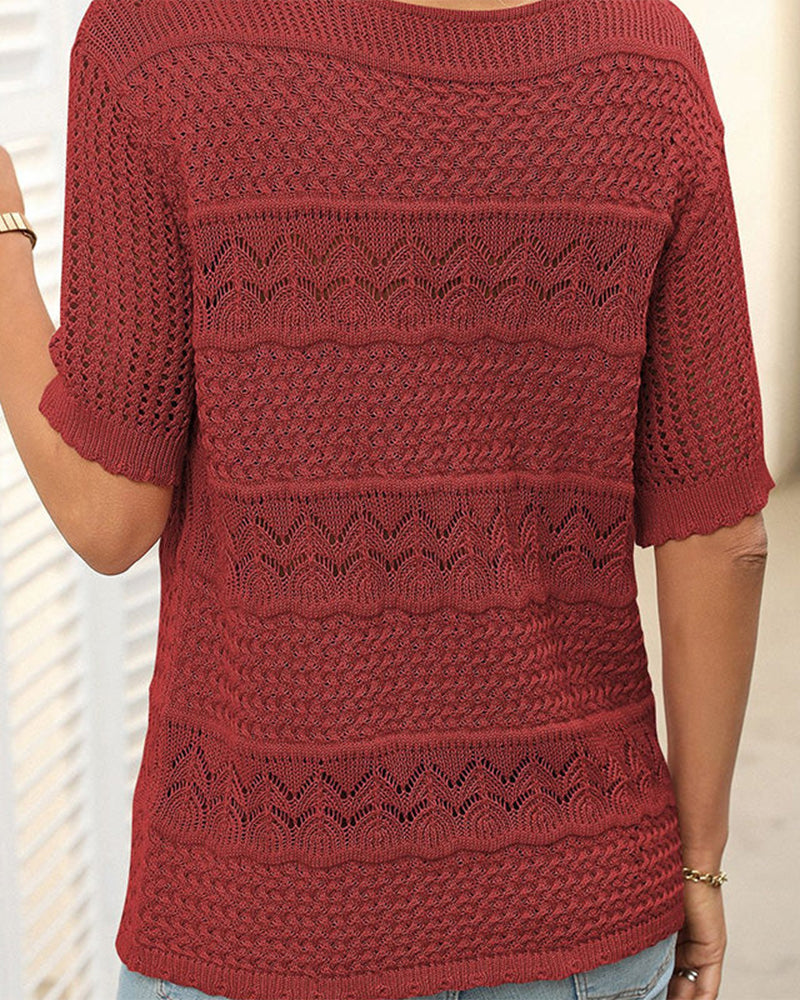 Women's Round Neck Hollow Knit Crochet Short Sleeve Sweater
