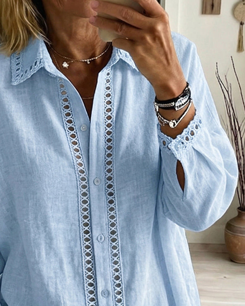 Hollow Out Lace Patchwork Lapel Shirt