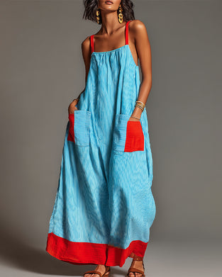 Blue Red Color Block Stripe Camisole Dress