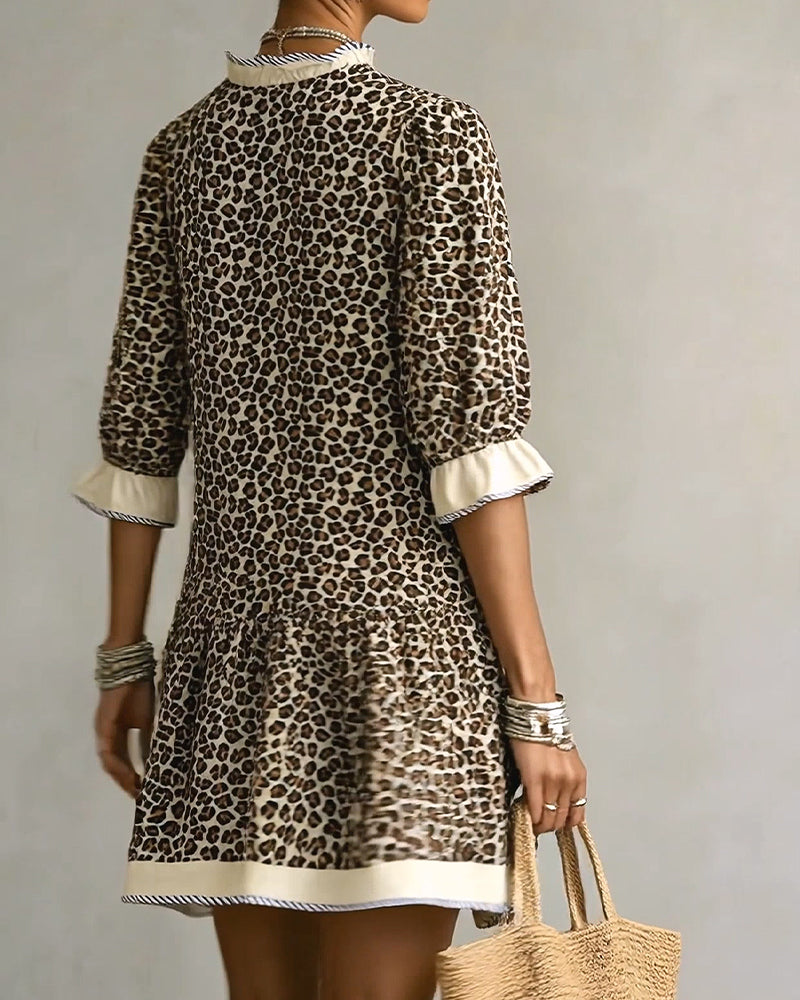 Leopard Print Ruffle V-Neck Dress