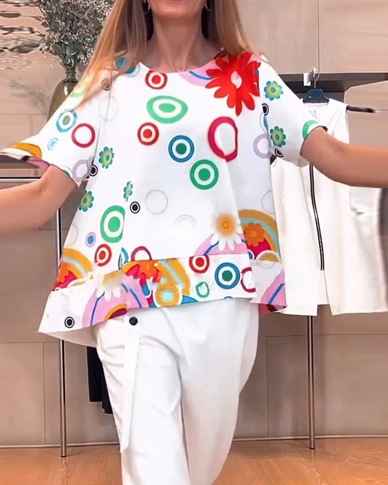 Printed round neck short sleeve casual top