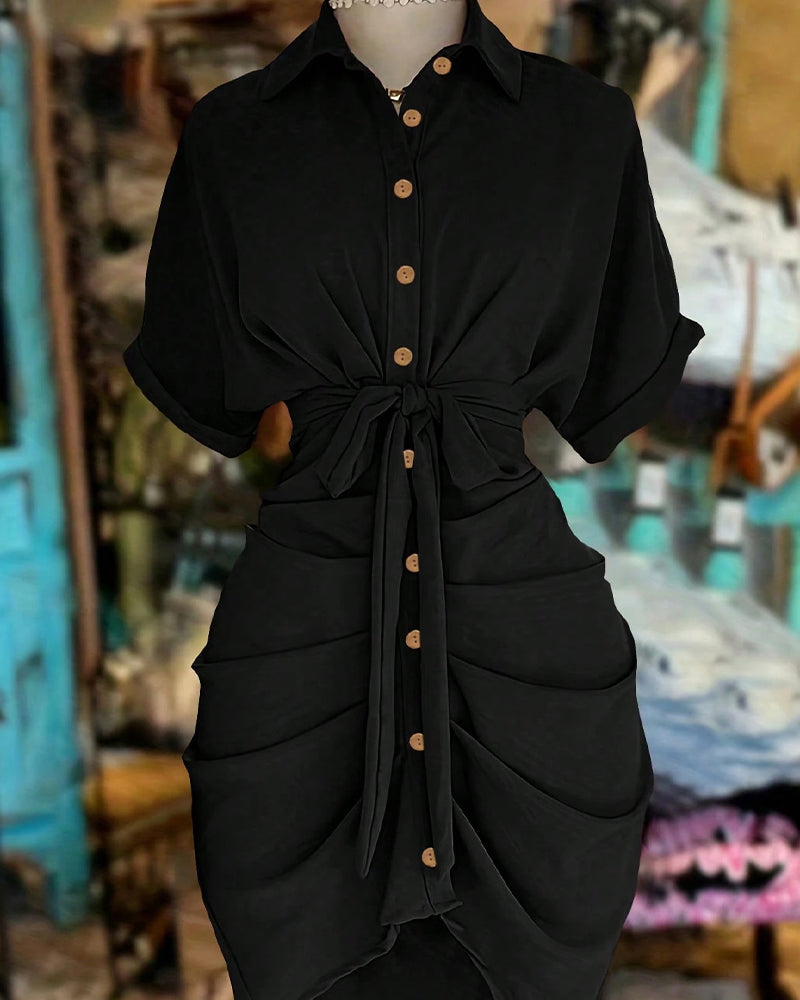 Tie Button Pleated Shirt Collar Dress
