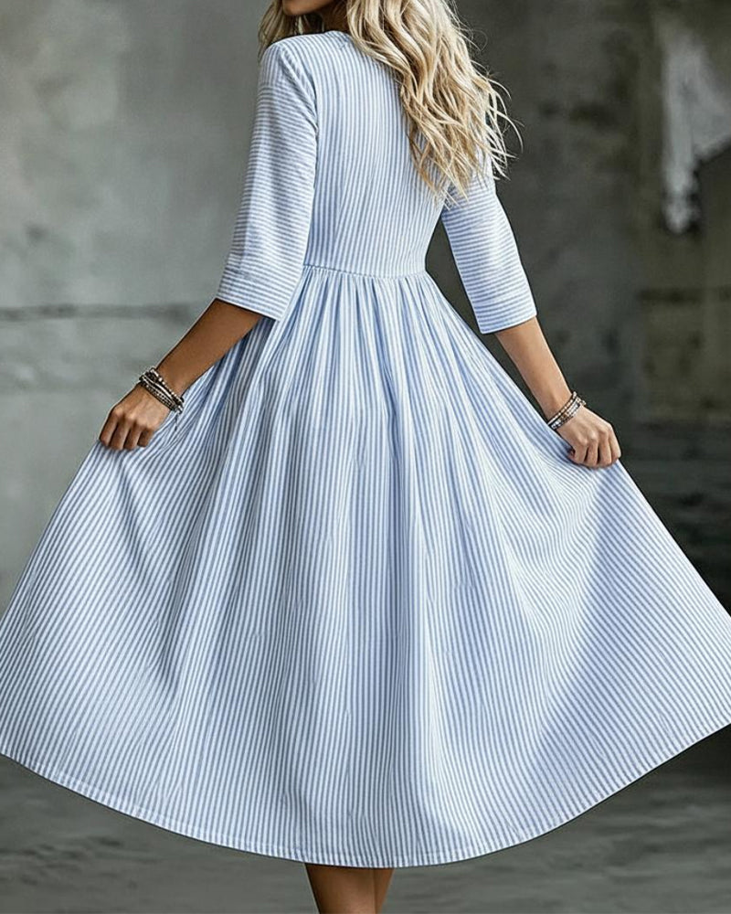Striped Crew Neck High Waist Three-Quarter Sleeve Dress