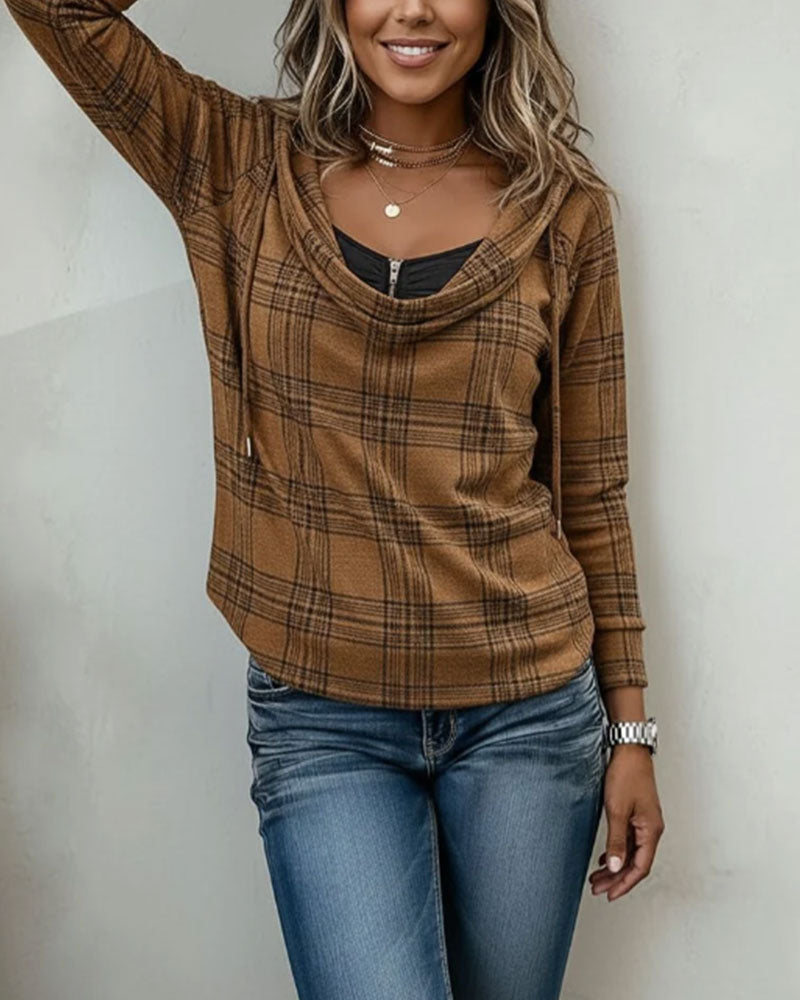 Plaid Mock Layered Turtleneck Hoodie Top
