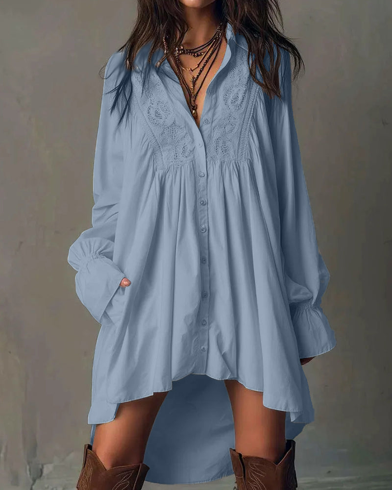 Lace-Paneled Lantern-Sleeve Dress