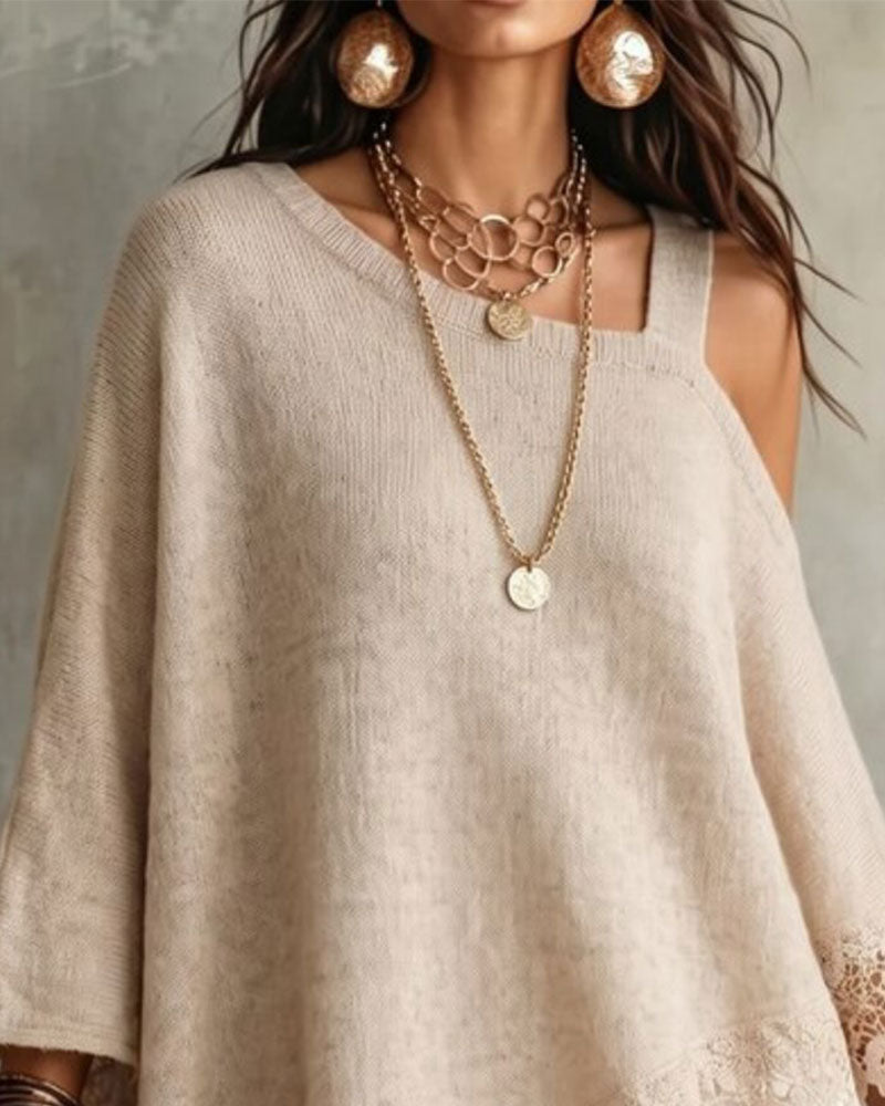 One-Shoulder Lace Hem Patchwork Pullover