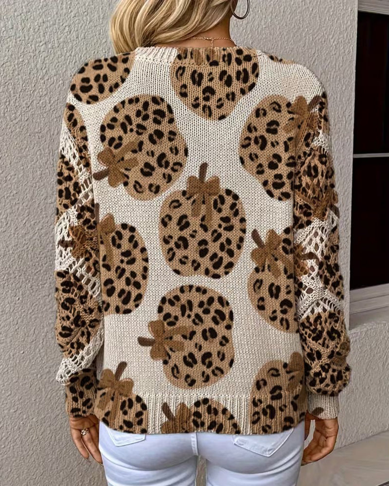Leopard Pumpkin V-Neck Hollow Out Pullover