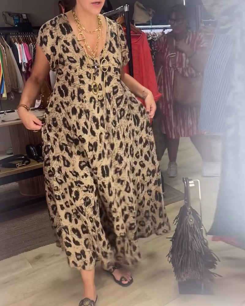 V-Neck Leopard Full Skirt Dress