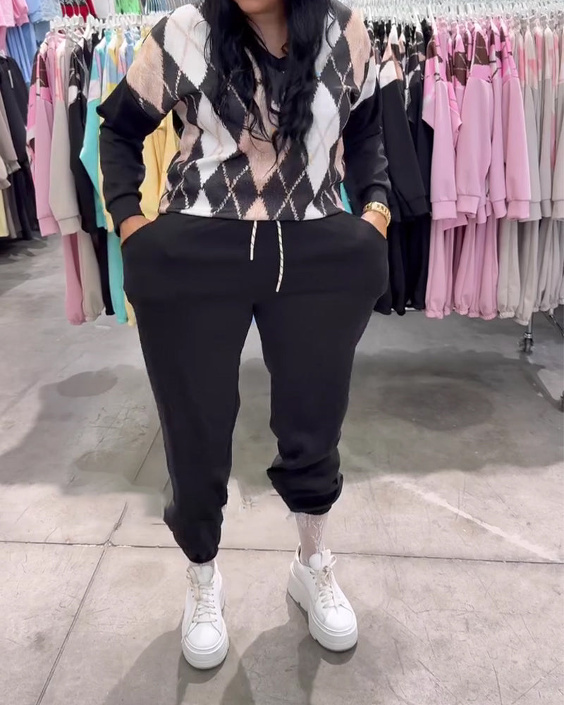 Diamond-Patterned Top And Trousers Two-Piece Set