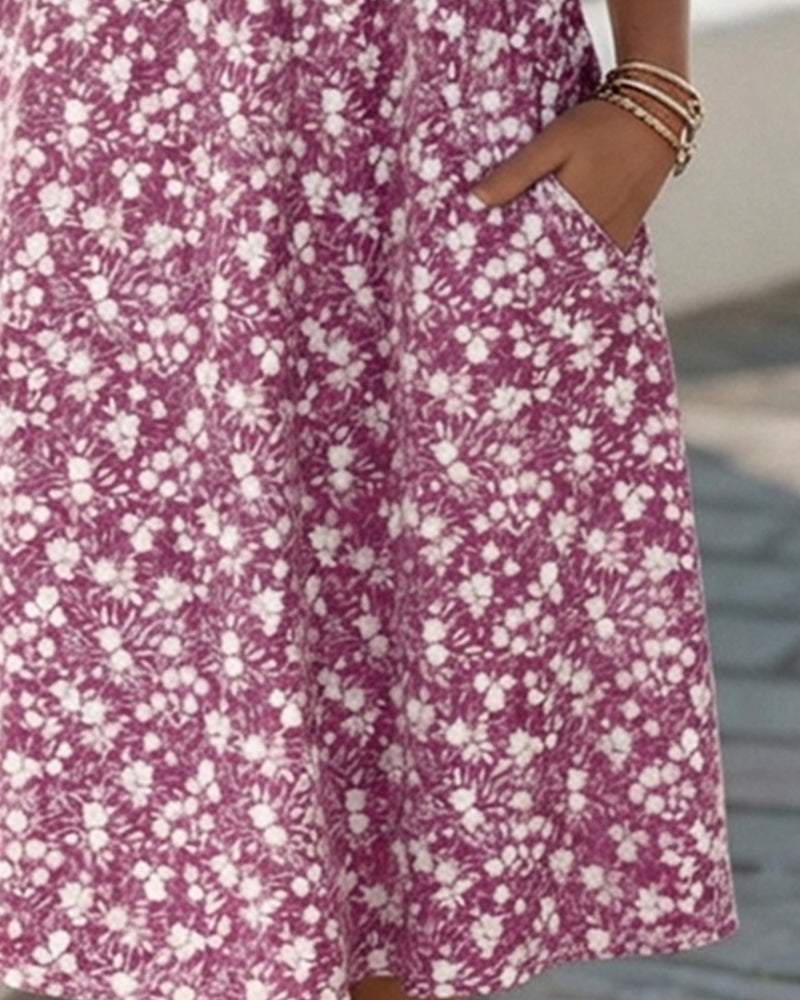 V-Neck Short-Sleeved Floral Dress